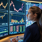 **Image Prompt:** Dynamic cityscape with currency symbols swirling around skyscrapers, illuminated by glowing charts and graphs. A focused businesswoman analyzes a trading screen, highlighting the blend of economic analysis and technological tools in Forex trading. Emphasis on a sense of informed decision-making amidst market volatility.