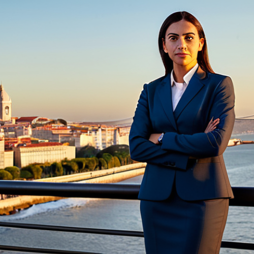Home 9 **
"A professional businesswoman in a modest business suit, standing in front of the Lisbon skyline at sunset, fully clothed, appropriate attire, safe for work, perfect anatomy, natural proportions, professional photography, high quality. Tagus River in the background."
**