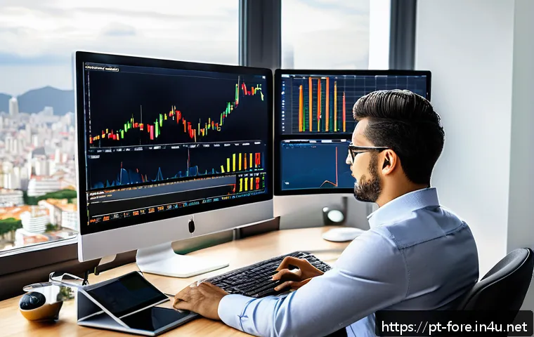 외환관리사와 외환 거래 플랫폼 활용 - A professional Brazilian trader seated at a modern home office desk, multiple high-resolution monito...