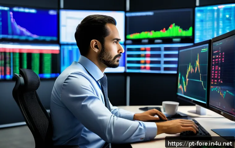 외환관리사와 외환 거래 사례 연구 - A professional Brazilian currency trader in a modern office setting, analyzing multiple digital scre...