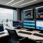 Home 20 외환관리사와 직무 역량 강화 팁 - A modern financial analyst’s workspace in São Paulo, Brazil, showing multiple large monitors display...