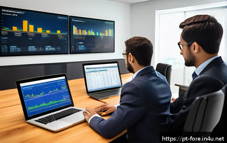 외환관리사와 통화 스와프 거래 - A modern Brazilian financial office setting with a diverse team of professionals analyzing volatile ...