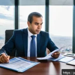 Home 18 외환관리사 시험 실기 연습 팁 - A professional Brazilian financial manager sitting at a modern office desk filled with detailed curr...