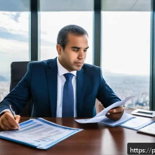 Home 30 외환관리사 시험 실기 연습 팁 - A professional Brazilian financial manager sitting at a modern office desk filled with detailed curr...
