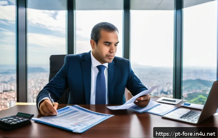 외환관리사 시험 실기 연습 팁 - A professional Brazilian financial manager sitting at a modern office desk filled with detailed curr...
