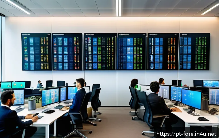 외환관리사와 블록체인 활용 - A modern financial office scene in S&atilde;o Paulo, Brazil, showing diverse professionals analyzing blockc...