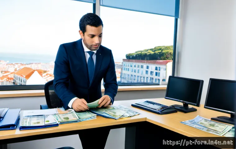 Home 17 외환관리사와 내부 통제 사례 - Photorealistic financial compliance officer in a modern Lisbon bank office reviewing foreign currenc...